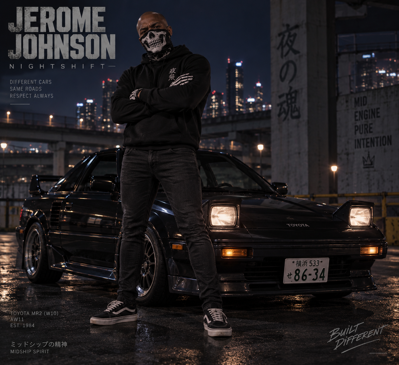 Jerome Johnson character artwork, dressed in black beside a tuner car at night.