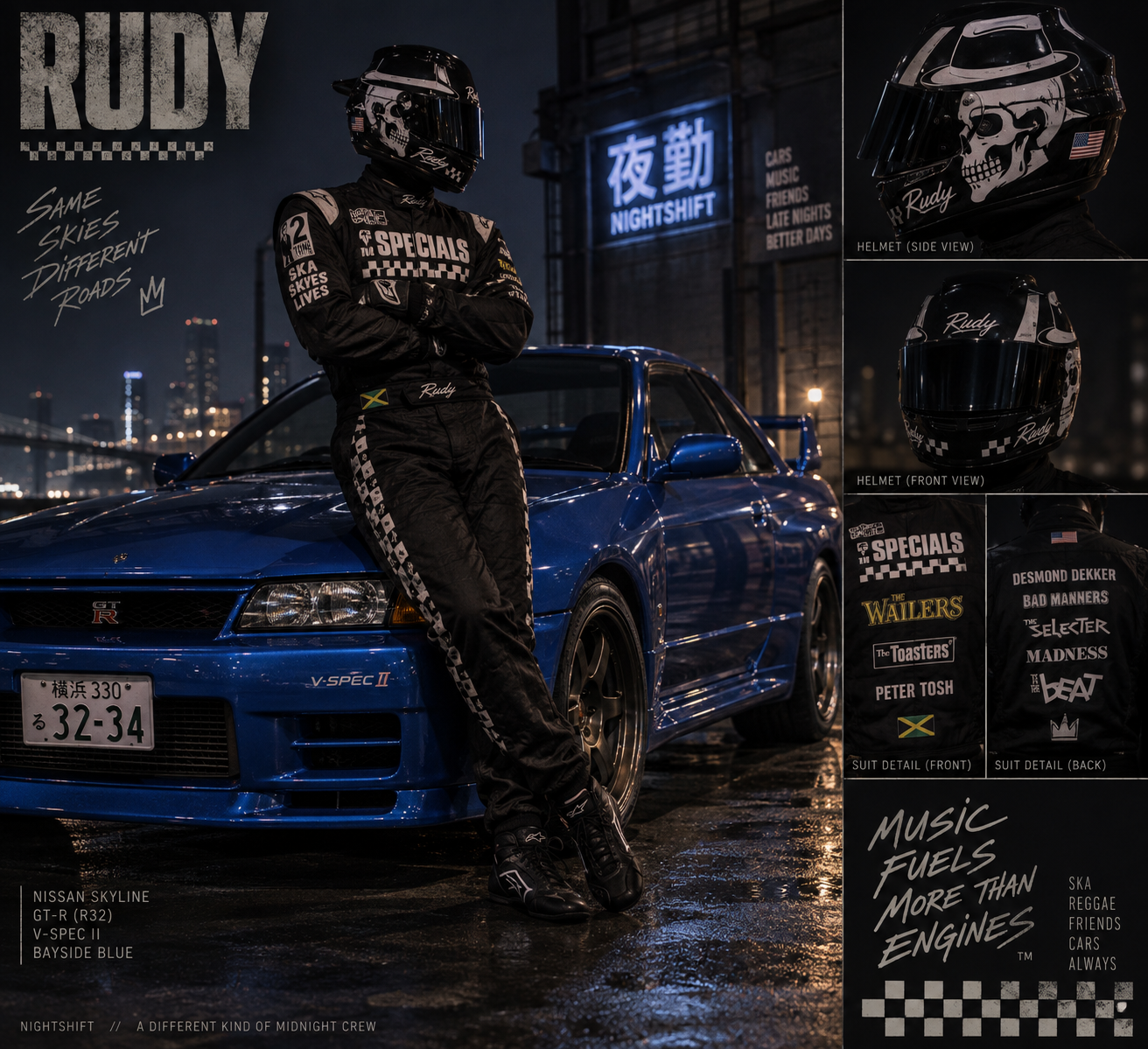 Rudy Tosh character artwork, wearing his signature racing helmet beside a blue Skyline.